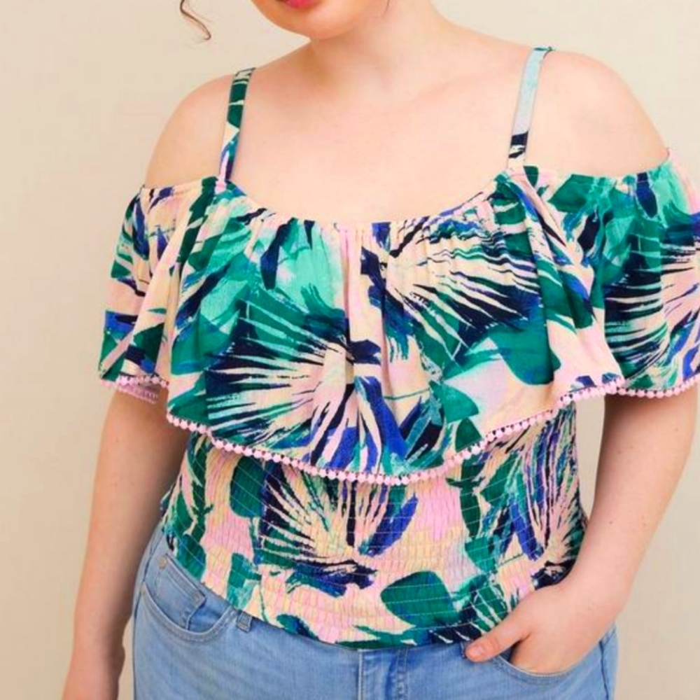 Torrid Crinkle Gauze Cold Shoulder Tropical Ruffle Top